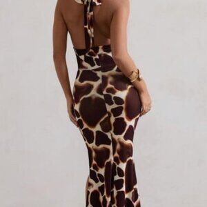 NWT CLUB L LONDON Tulum Giraffe Print Sexy Formal Maxi Dress High Slit Size 12